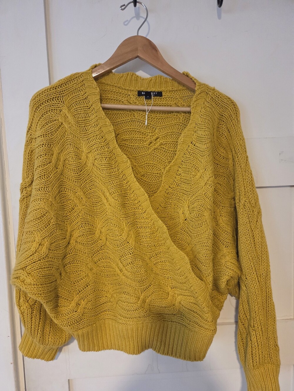 SHEIN Mustard Yellow Wrap Cable-Knit V-Neck Sweater